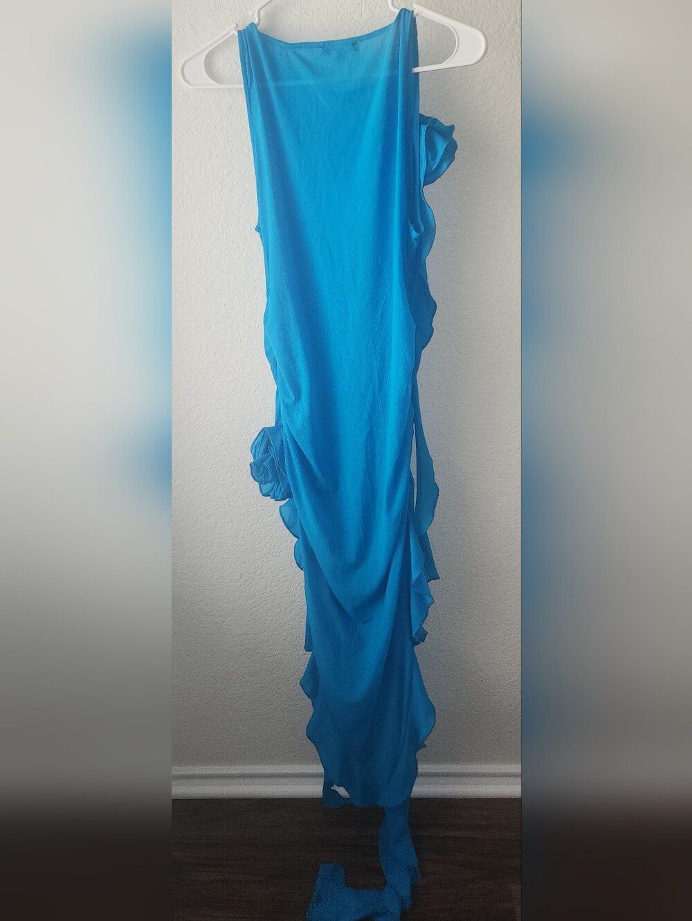 Fashion Nova Blue Sheer Ruffled Maxi Dress with Floral Appliqués - Picture 5 of 8